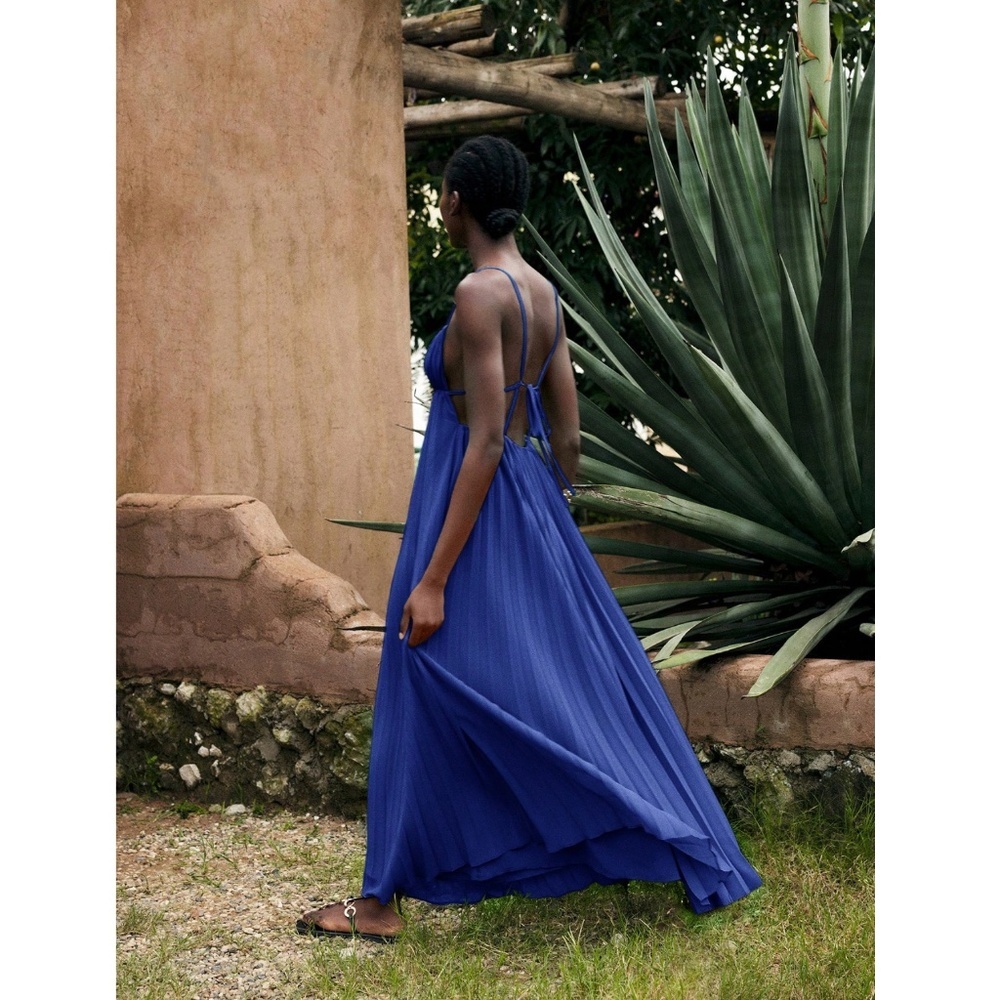 Blue Pleated Maxi Babydoll Dress Open Back Flowy Skirt Tie Straps Lined - Picture 3 of 11